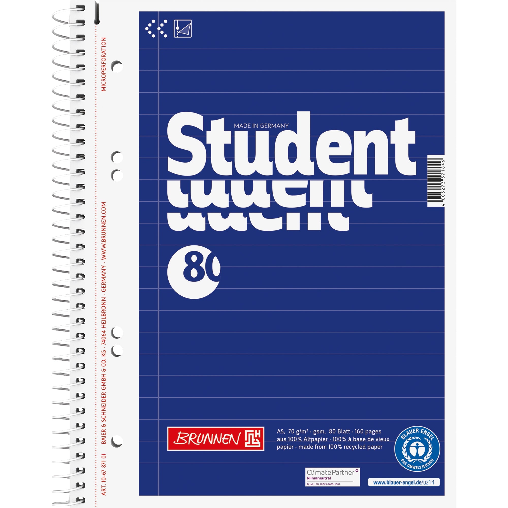 Brunnen Collegeblock Student Recycling, DIN A5