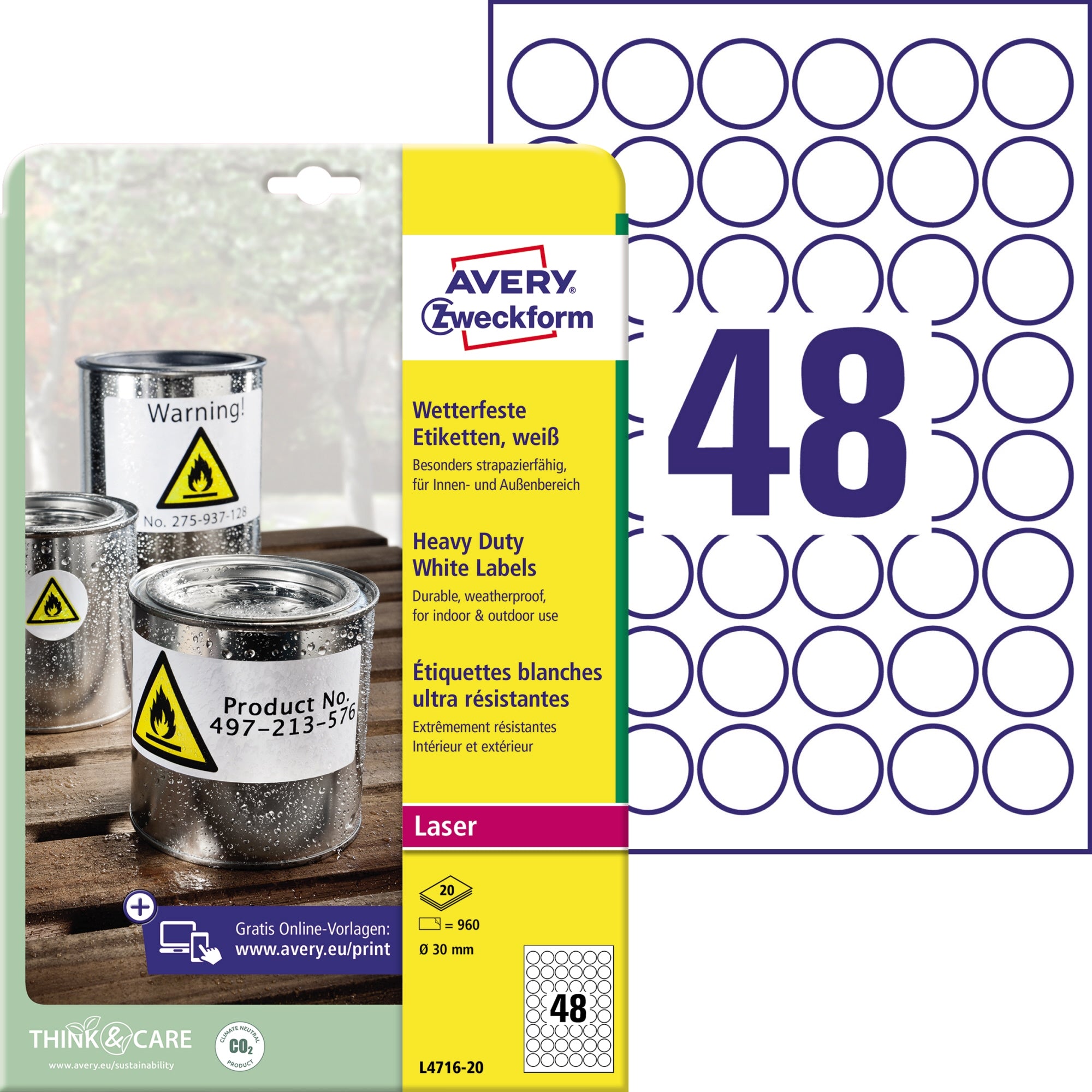 Avery Zweckform Folienetikett 30mm rund ws 960St