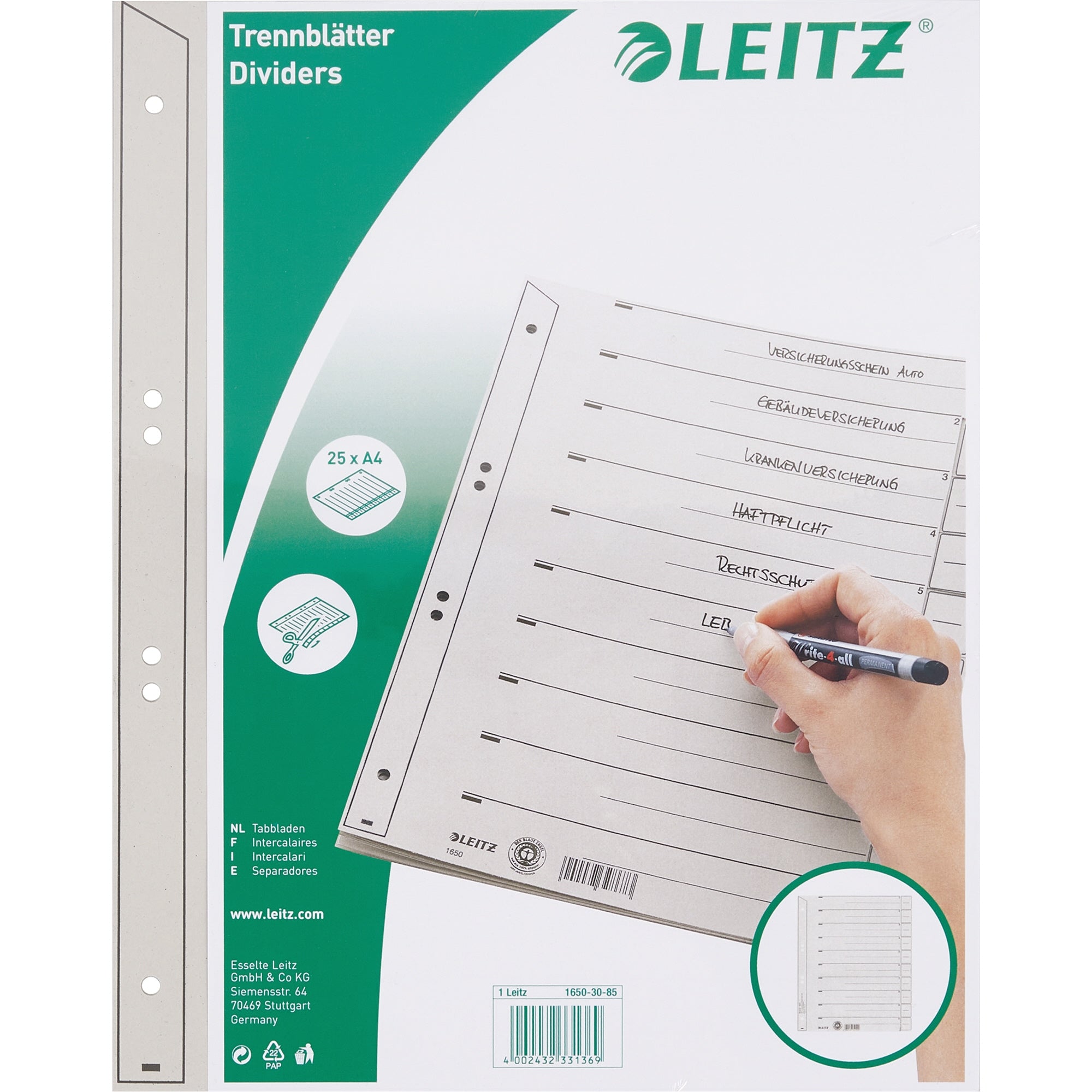 Leitz Trennblatt, grau, DIN A4, Überbreite