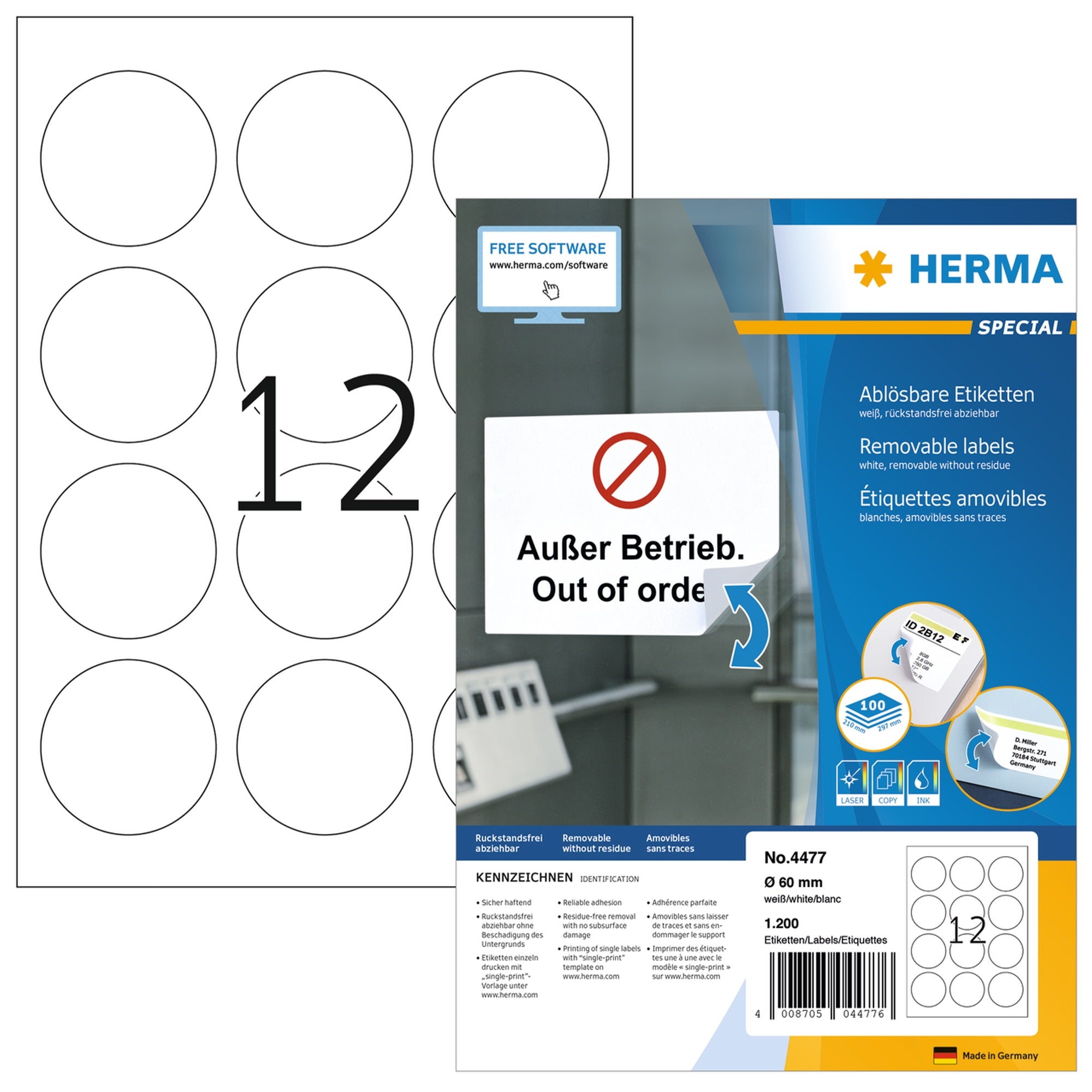 Herma Etikett 60mm rund ablösbar ws 1200St