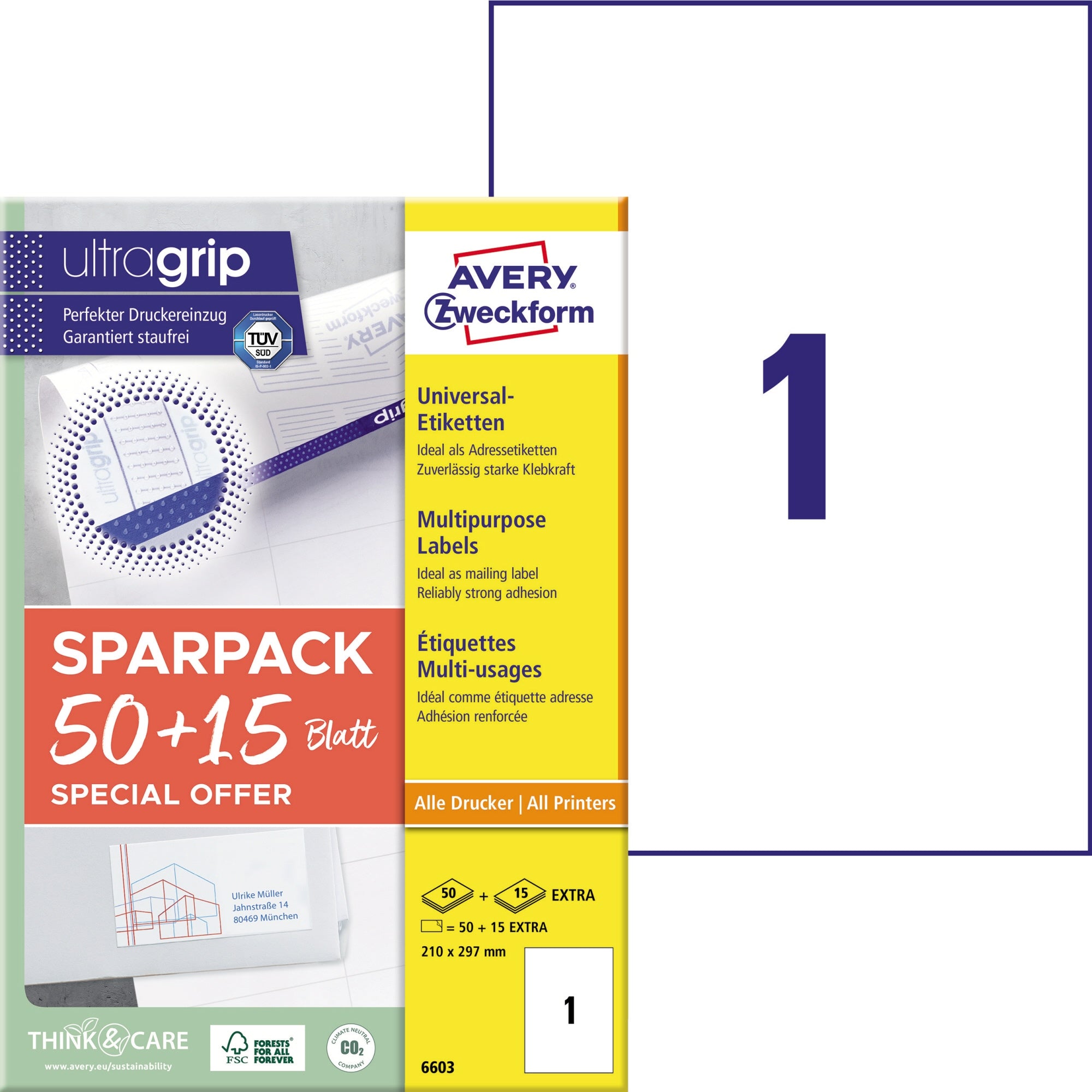 Avery Universaletikett ultragrip SPARPACK 50 + 15 Blatt