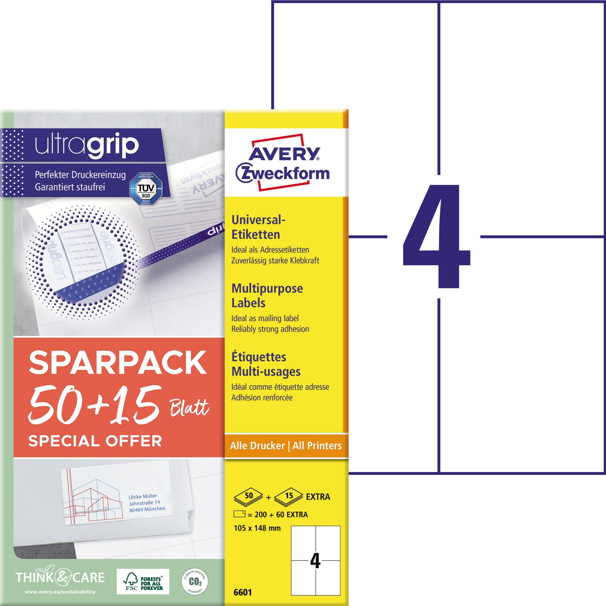 Avery Universaletikett ultragrip SPARPACK 50 + 15 Blatt