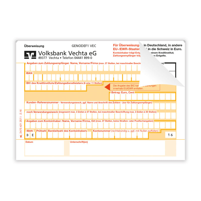 Überweisung 2-tlg. rechts verleimt mit Bankeindruck Volksbank 421257