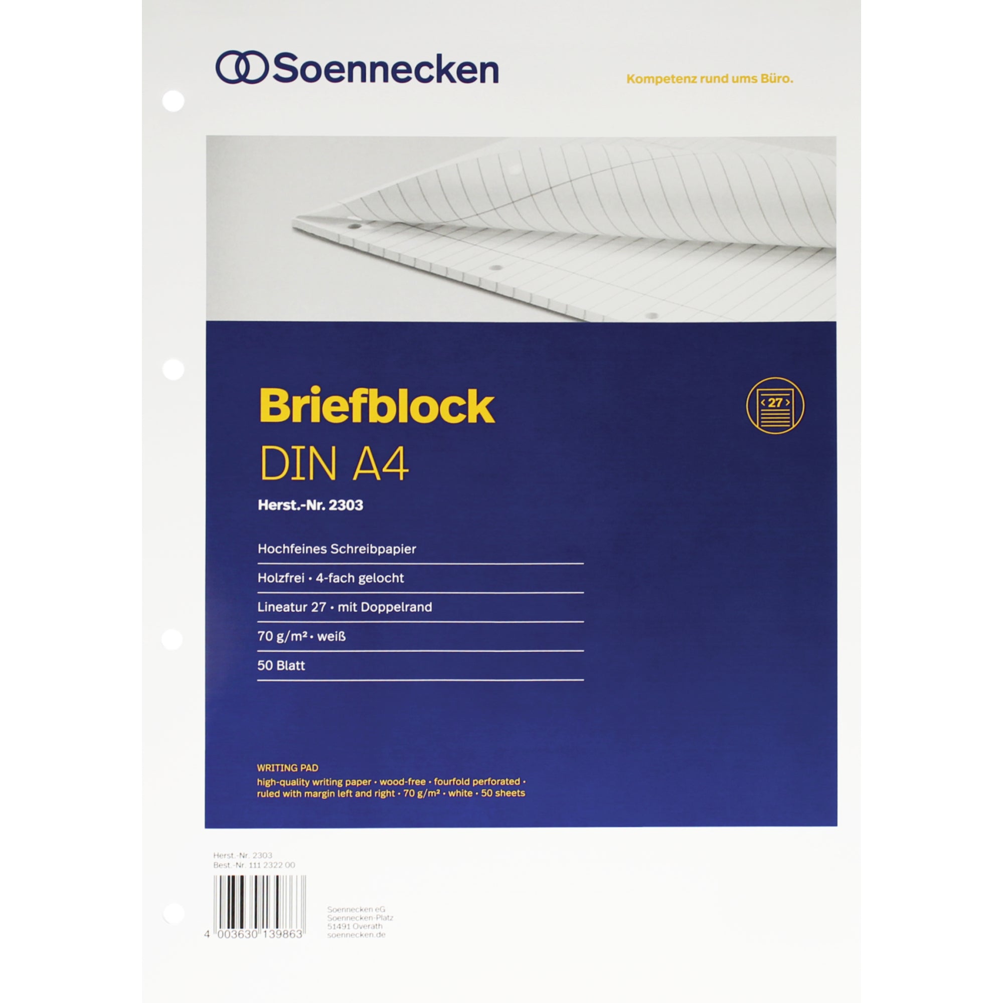 Soennecken Briefblock DIN A4 gelocht lin. 50Blatt ws