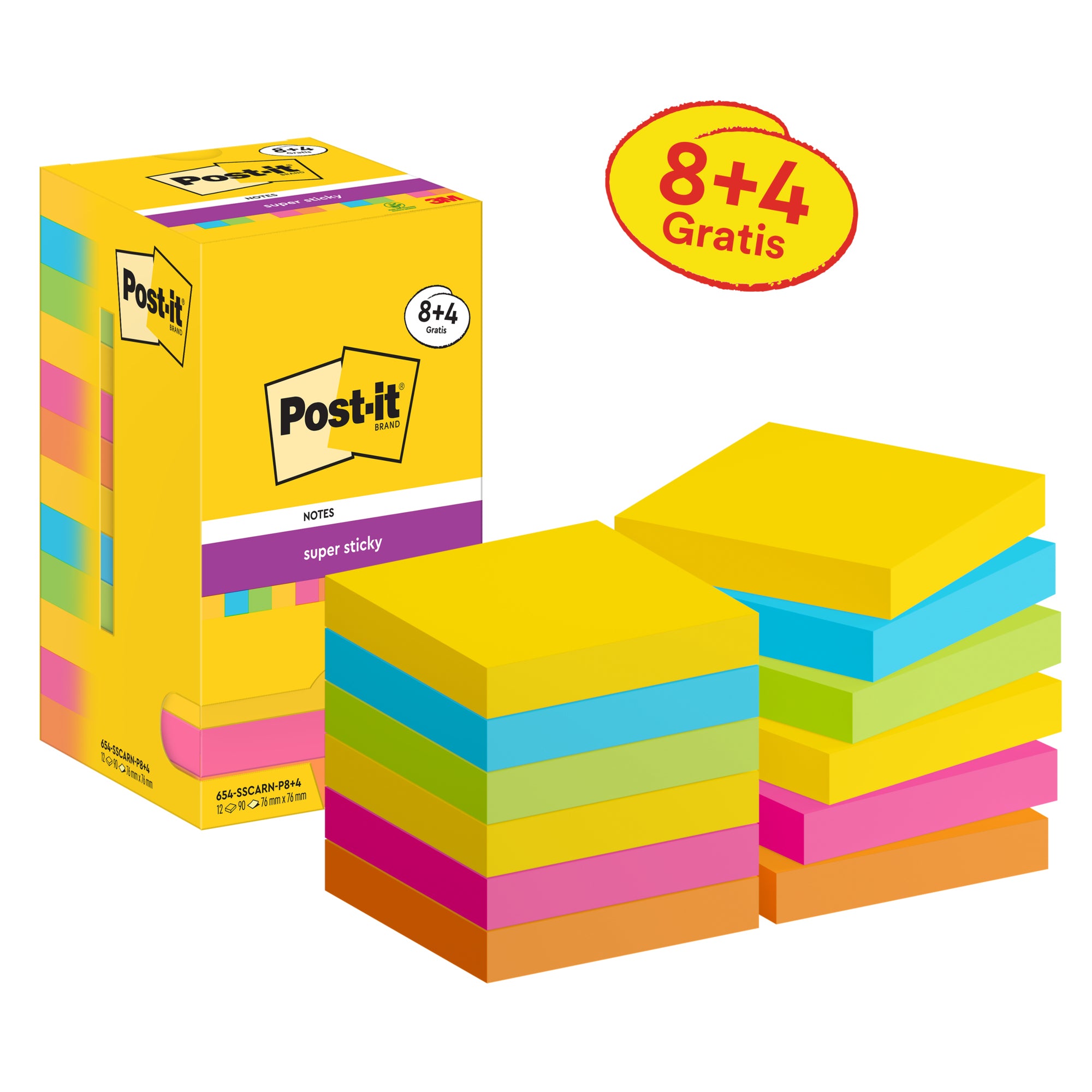 Post-it Haftnotiz Super Sticky 76x76mm farb12x90Bl.