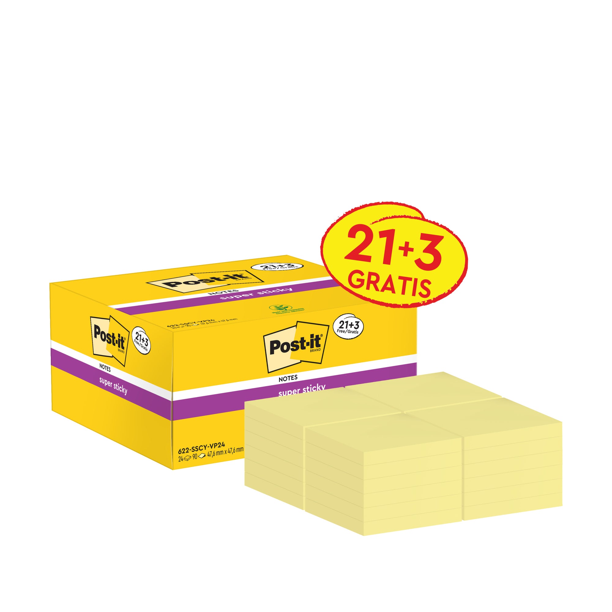 Post-it® Haftnotiz Promo 47,6x47,6mm 90Bl ge 21+3St