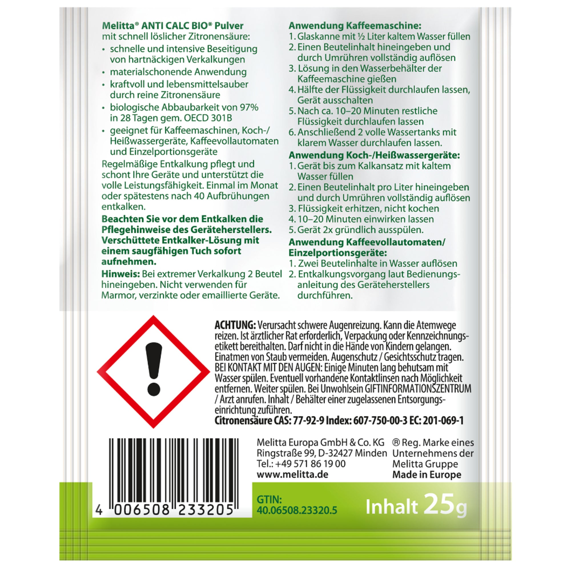 Melitta Entkalker Anti Calc Bio Powder